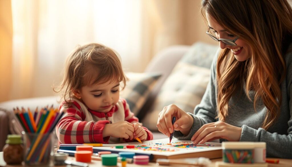 A heartwarming scene of a mother and child creating personalized, handmade gifts. In the foreground, the child is diligently crafting a colorful, whimsical artwork using a variety of art supplies – paints, crayons, glitter, and more. The mother watches over, guiding and encouraging their little artist. Warm, soft lighting illuminates the cozy, inviting setting, perhaps a comfortable living room or craft space. The background is subtly blurred, allowing the focus to remain on the intimate, cherished moment between parent and child as they pour their creativity into a meaningful gift. The overall mood is one of joy, love, and the special bond between a mother and her child.