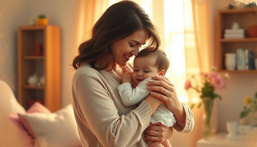 A heartwarming scene of a mother and child embracing on the first Mother's Day, their tender moment captured in warm, soft lighting. The mother's expression radiates pure joy and unconditional love, as she holds her little one close. In the background, a cozy, domestic setting with subtle floral accents evokes a sense of intimacy and cherished tradition. Gentle, hazy brushstrokes lend an impressionistic, dreamlike quality, reflecting the timeless, bittersweet emotions of this special day. Framed by a delicate, vintage-inspired aesthetic, this image conveys the profound, unbreakable bond between a mother and child.