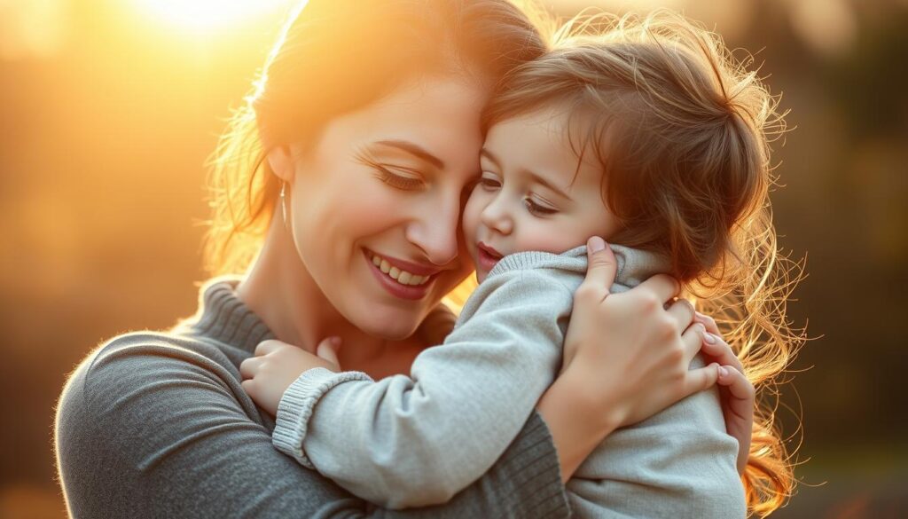A heartwarming scene of a mother and child embracing, set against a warm, sunlit background. The mother's face radiates love and tenderness as she holds her child close, conveying the profound bond and significance of the mother-child relationship. Soft, diffused lighting creates a gentle, intimate atmosphere, highlighting the emotional connection between the two figures. The composition is balanced and harmonious, with the figures centered and the background softly blurred, directing the viewer's focus to the emotional core of the image. The overall mood is one of affection, comfort, and the deep, abiding importance of motherhood.
