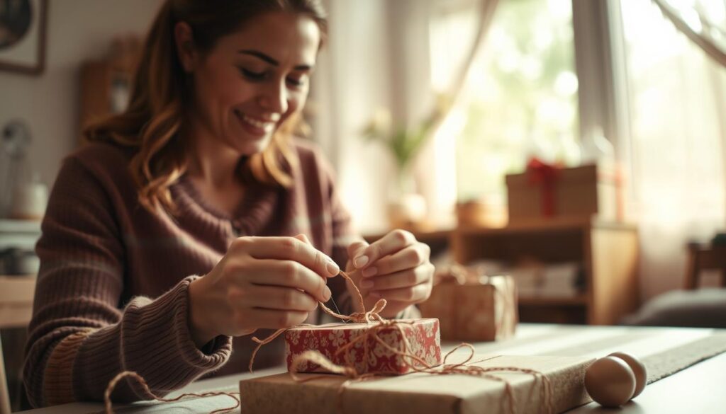 A heartwarming scene of a woman carefully crafting a personalized gift with love and joy. In the foreground, her hands delicately work on a handmade item, imbuing it with her unique touch. The middle ground reveals her serene, focused expression, conveying the satisfaction of giving a meaningful present. The background softly depicts a cozy, sun-dappled room, creating a warm, inviting atmosphere that amplifies the sense of "Freude am Schenken" - the pure delight in the act of giving. Soft, diffused lighting casts a gentle glow, highlighting the care and attention to detail in the creation of this thoughtful gift.