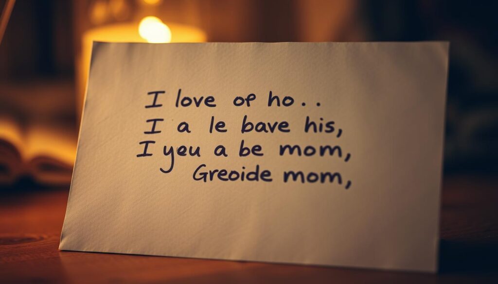 A heartwarming scene of a young child's handwritten message to their beloved mother. The delicate and sincere message is depicted on a textured canvas, with the child's crayon strokes and childlike drawing style adding a charming, emotional touch. Soft, warm lighting illuminates the page, casting a gentle glow that emphasizes the tender sentiment. The background is blurred, allowing the message to take center stage, conveying the child's undivided focus and the special bond they share with their mother. The overall composition evokes a sense of love, appreciation, and the unique, unfiltered expressions of a child's affection.
