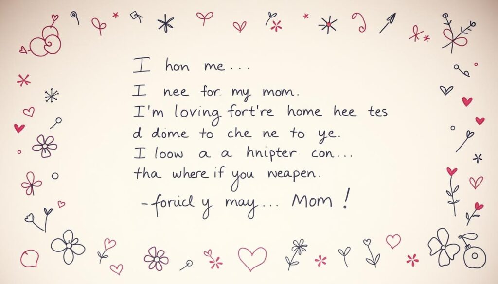 A heartwarming scene of a young child's handwritten note against a soft, pastel background. The text is composed in a childlike script, with delicate flourishes and occasional misspellings, conveying the innocent charm of a child's loving expression for their mother. The note is framed by a border of whimsical doodles and floral motifs, creating a sense of warmth and tenderness. Gentle, diffused lighting casts a soothing glow, while the overall composition evokes a sense of intimacy and cherished sentiment.