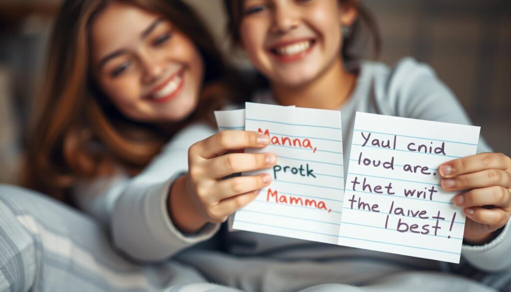 A heartwarming scene of a young child's handwritten notes expressing their love and appreciation for their mother. The foreground features the child's colorful scrawl on lined paper, conveying simple yet profound sentiments like "Mama, you are the best!" The middle ground shows the mother's hands gently holding the notes, her expression one of joyful surprise and deep emotion. The background is blurred, placing the focus on the tender exchange between parent and child. Soft, diffused lighting casts a warm, intimate glow, capturing the sincere, sentimental value of a child's earnest words.
