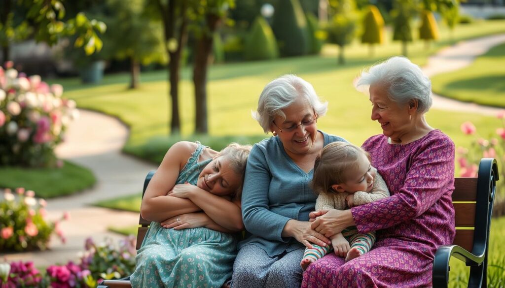 A heartwarming scene of grandmothers and their grandchildren, captured in a warm and intimate moment. In the foreground, two elderly women sit on a park bench, their faces lit by gentle sunlight as they lovingly embrace their grandkids, who nestle close to them. The middle ground features the lush, verdant backdrop of a tranquil garden, with blooming flowers and a winding path. The lighting is soft and diffused, creating a serene, dreamlike atmosphere that emphasizes the profound bond between the generations. The composition is balanced and harmonious, conveying the deep love, wisdom, and guidance that grandmothers provide to their cherished grandchildren.
