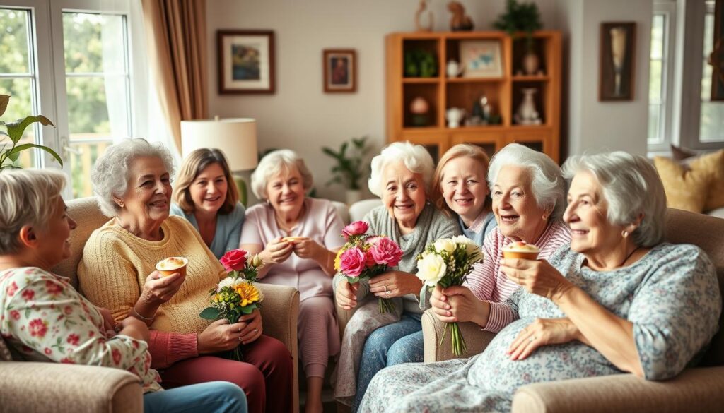 A heartwarming scene of grandmothers being pampered and spoiled by their loving grandchildren on Mother's Day. In the cozy living room, a group of smiling grandkids serve their Omas homemade treats and flowers, surrounding them with warmth and affection. Soft natural lighting filters through the windows, creating a peaceful, intimate atmosphere. The grandmothers, relaxed and delighted, lean back in their comfortable armchairs, basking in the adoration of their cherished grandchildren. An air of familial joy and gratitude permeates the space, capturing the special bond between generations.