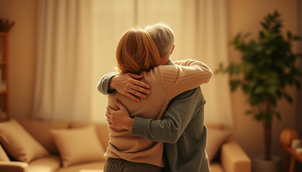 A heartwarming scene of two figures embracing, their bodies intertwined in a loving embrace. The foreground depicts the tender moment, with their arms wrapped around each other, faces near and expressions of pure affection. The middle ground features a soft, blurred background, hinting at a cozy, intimate setting, perhaps a living room or bedroom. Warm, muted tones create a soothing, comforting atmosphere, as if time has slowed down for this cherished moment. Soft, diffused lighting emanates from an unseen source, casting a gentle glow and casting shadows that add depth and dimension to the scene. The overall composition conveys a sense of comfort, security, and the profound connection between the two figures.