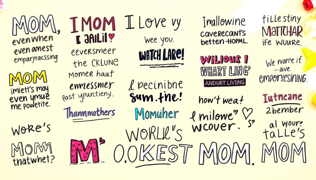 A hilarious, hand-lettered collection of short, witty motherhood quips against a bright, playful background. The foreground showcases a variety of colorful, whimsical typographic arrangements, with quotes like "Mom, I love you even when you're embarrassing" and "World's Okayest Mom" arranged in dynamic, eye-catching compositions. The middle ground features a subtly patterned, cheerful backdrop, while the background evokes a warm, sunny day with soft, diffused lighting and a hint of blurred, nature-inspired elements. The overall mood is lighthearted, humorous, and celebratory, perfectly capturing the spirit of funny, relatable motherhood sayings.