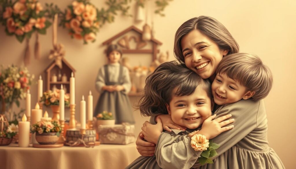 A historical illustration depicting the origins and evolution of Mother's Day in Germany. In the foreground, a loving mother embracing her young children, their faces filled with joy and adoration. In the middle ground, a tableau of traditional German festivities and celebrations honoring mothers, with flowers, candles, and handmade crafts. The background fades into a warm, soft-focus sepia tone, evoking a sense of timelessness and nostalgia. The lighting is gentle and diffused, creating a cozy, intimate atmosphere. The composition is balanced and harmonious, reflecting the deep reverence and appreciation for motherhood in German culture.