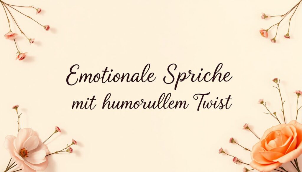 A humorous, heartfelt Mother's Day greeting card with a playful twist. In the center, an elegant hand-lettered script reads "Emotionale Sprüche mit humorvollem Twist" against a soft, pastel-colored background. Delicate floral illustrations frame the text, adding a touch of whimsy. Gentle shadows and warm, diffused lighting create a cozy, inviting atmosphere. The overall composition strikes a balance between sentimental and lighthearted, capturing the essence of the section title.
