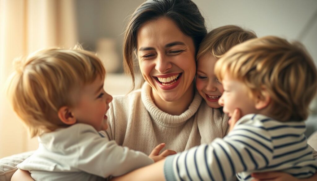 A joyful, lighthearted mother surrounded by her young children, all sharing a moment of playful laughter and connection. The scene is bathed in warm, soft lighting, creating a cozy, intimate atmosphere. The mother's expression radiates a blend of amusement and tender affection as she interacts with her little ones, who are depicted with a sense of whimsical energy and genuine happiness. The composition captures the essence of humor as an integral part of the maternal bond, highlighting the power of laughter to strengthen family ties and foster a positive, nurturing environment.