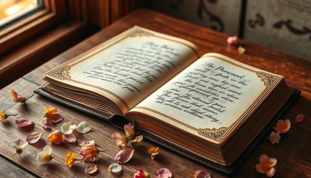 A leather-bound book with an ornate, gilded cover rests on a wooden table, surrounded by a scattering of freshly picked flowers. The book's pages are open, revealing handwritten verses in elegant calligraphic script. Warm, soft lighting from a nearby window casts a gentle glow, highlighting the delicate petals and the timeless charm of the scene. The composition evokes a sense of thoughtfulness, creativity, and the enduring power of poetry to commemorate life's meaningful moments.