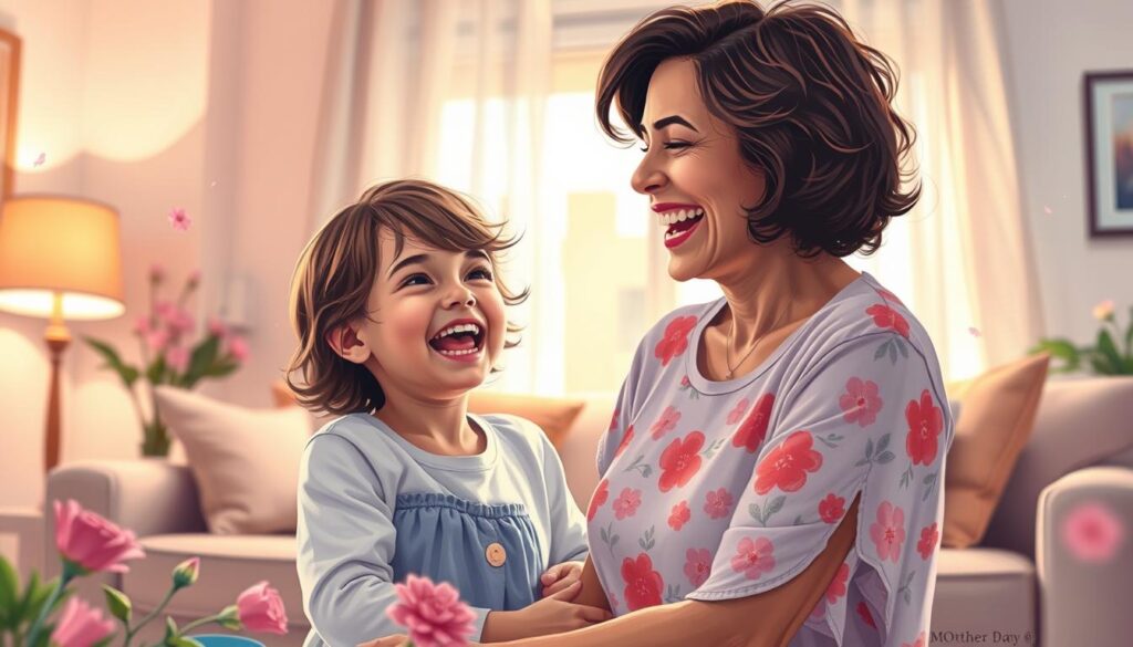 A lighthearted Mother's Day scene captured in a vibrant digital painting. In the foreground, a loving mother and child share a playful, heartwarming moment, their faces aglow with genuine laughter. The middle ground features a cozy, comfortable living room setting, with soft, warm lighting illuminating the cheerful atmosphere. In the background, delicate floral accents and subtle, abstract patterns create a dreamlike, whimsical ambiance, emphasizing the importance of celebrating motherhood with levity and joy. The overall composition conveys the uplifting, humorous spirit that should infuse Mother's Day celebrations.