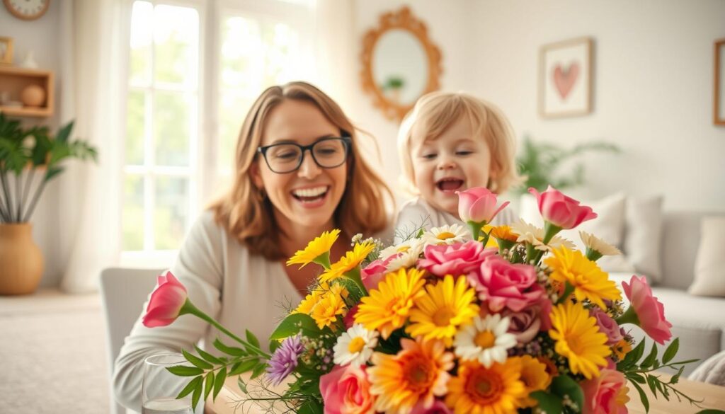 A lighthearted Mother's Day scene with a warm, humorous atmosphere. In the foreground, a mother and child sharing a playful, affectionate moment, their expressions radiating joy and laughter. In the middle ground, a cheerful floral arrangement, its vibrant colors and textures creating a celebratory ambiance. The background features a cozy, sun-dappled interior, with soft, diffused lighting that enhances the intimate, heartwarming mood. The overall composition conveys the importance of embracing humor and levity on this special day, honoring the bond between mothers and their children.