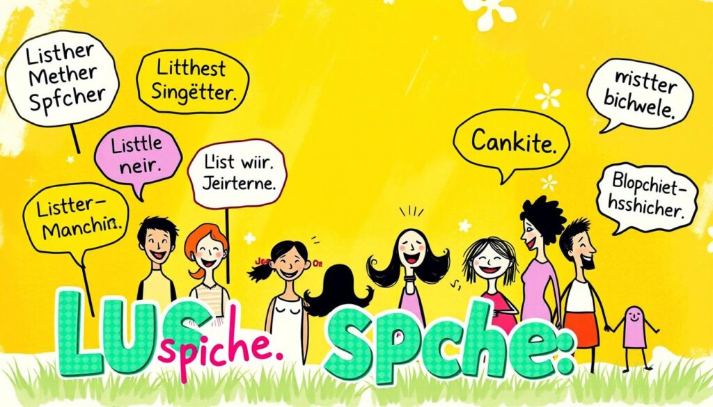 A lighthearted and whimsical illustration of "lustige Sprüche" (funny sayings) against a vibrant, cheerful background. The foreground features a playful arrangement of colorful, hand-lettered text bubbles, each containing a humorous, feel-good message. The middle ground showcases a diverse collection of quirky, illustrated character silhouettes - some laughing, some making silly faces - captured in a lively, dynamic pose. The background is a warm, sun-dappled scene with soft, painterly brushstrokes, evoking a sense of joy and positivity. Lighting is natural, with gentle shadows and highlights that add depth and dimension to the overall composition. The entire image radiates a lighthearted, uplifting mood, perfectly suited to illustrate the "Lustige Muttertagssprüche für eine heitere Stimmung" section of the article.