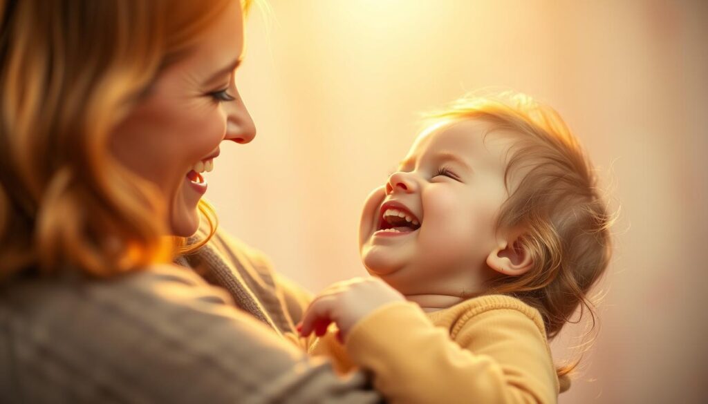 A lighthearted and whimsical scene of a mother and child sharing a joyful moment of laughter and humor on Mother's Day. The warm, golden lighting casts a cozy glow, set against a softly blurred, pastel-toned background. The mother's face is filled with genuine delight as she tickles or plays with her child, who is giggling merrily. The composition places the pair in the foreground, capturing their playful interaction and the importance of humor and levity in the mother-child bond, especially on this celebratory occasion.