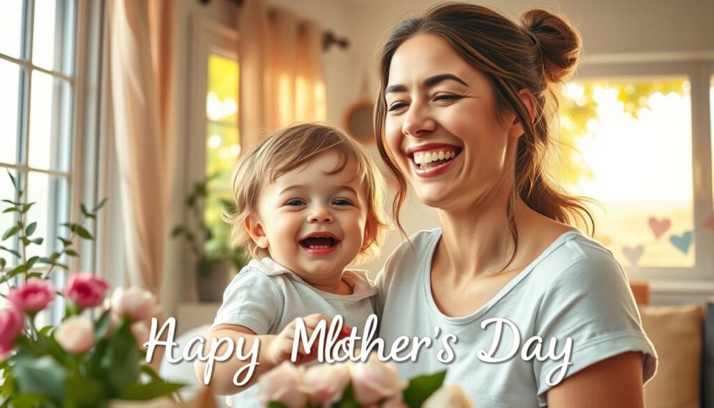 A lighthearted mother's day scene, captured in a warm, painterly style. In the foreground, a mother and child share a playful, affectionate moment, their expressions radiating joy and humor. The mother's face is alight with a warm, genuine smile, while the child's laughter and mischievous gaze suggest a playful, endearing rapport. The middle ground features a cozy, domestic setting, with soft, natural lighting filtering through a window, casting a gentle glow over the pair. In the background, verdant foliage and a serene, sun-dappled landscape evoke a sense of tranquility and connection with nature. The overall impression is one of familial love, cherished moments, and the importance of embracing lightheartedness and humor on this special day.