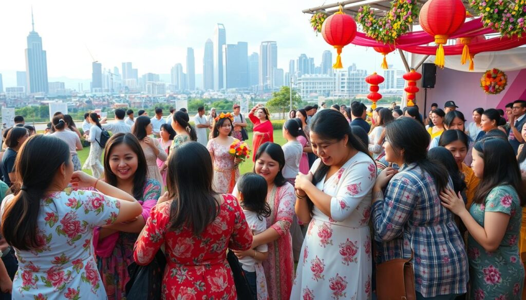 A lively celebration of International Mother's Day unfolds, captured in a vibrant scene. In the foreground, a diverse group of families gather, embracing their loved ones with joyful expressions. Colorful floral arrangements and festive decorations adorn the surroundings, creating a warm and inviting atmosphere. In the middle ground, people of all ages participate in traditional cultural performances, their movements graceful and expressive. The background features a bustling city skyline, with towering buildings and a vibrant energy that complements the celebratory mood. Soft, diffused lighting illuminates the scene, accentuating the emotions and togetherness shared on this special day. A sense of global unity and maternal love permeates the entire composition.