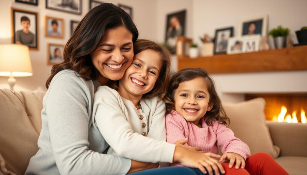 A loving family embracing each other in a warm, cozy living room. In the foreground, a mother and her two children sitting on a plush sofa, their faces filled with joy and affection. The middle ground features family photographs and personal mementos adorning the walls, conveying a sense of cherished memories. The background is softly lit, with a glowing fireplace casting a gentle ambiance. The scene exudes a heartwarming atmosphere, capturing the essence of familial bonds and the joy of quality time spent together.