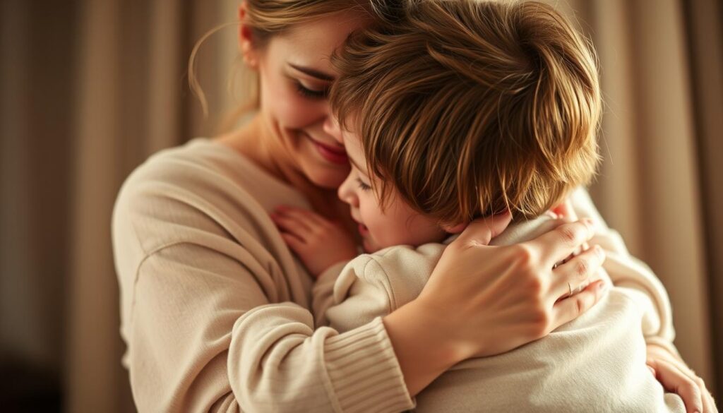 A loving mother embracing her child, their bodies intertwined in a tender embrace. Soft, diffused lighting casts a warm, emotional glow, capturing the intimate connection and unspoken affection between them. The mother's gentle caress and the child's relaxed posture convey a deep sense of trust, comfort, and unwavering support. The background is intentionally blurred, keeping the focus solely on this heartfelt moment of familial love and appreciation. The image evokes a profound sense of emotional resonance, reflecting the profound impact a mother's love can have on her child.