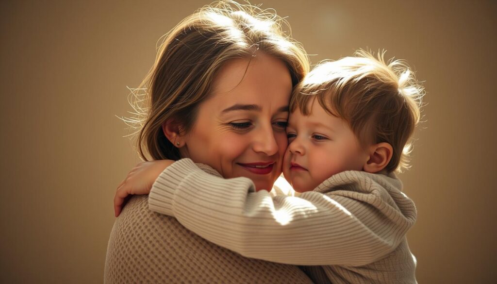 A loving mother embracing her child, their bond palpable in the gentle gaze and tender touch. The lighting is soft and warm, casting a halo-like effect, conveying a sense of intimacy and trust. The background is a neutral palette, allowing the subjects to take center stage, their expressions radiating sincerity and authenticity. The camera angle is slightly elevated, capturing the emotional connection from a perspective that feels inclusive and relatable. This image evokes a heartfelt, genuine moment between mother and child, embodying the essence of "Ehrlichkeit in der Verbindung zu Müttern."