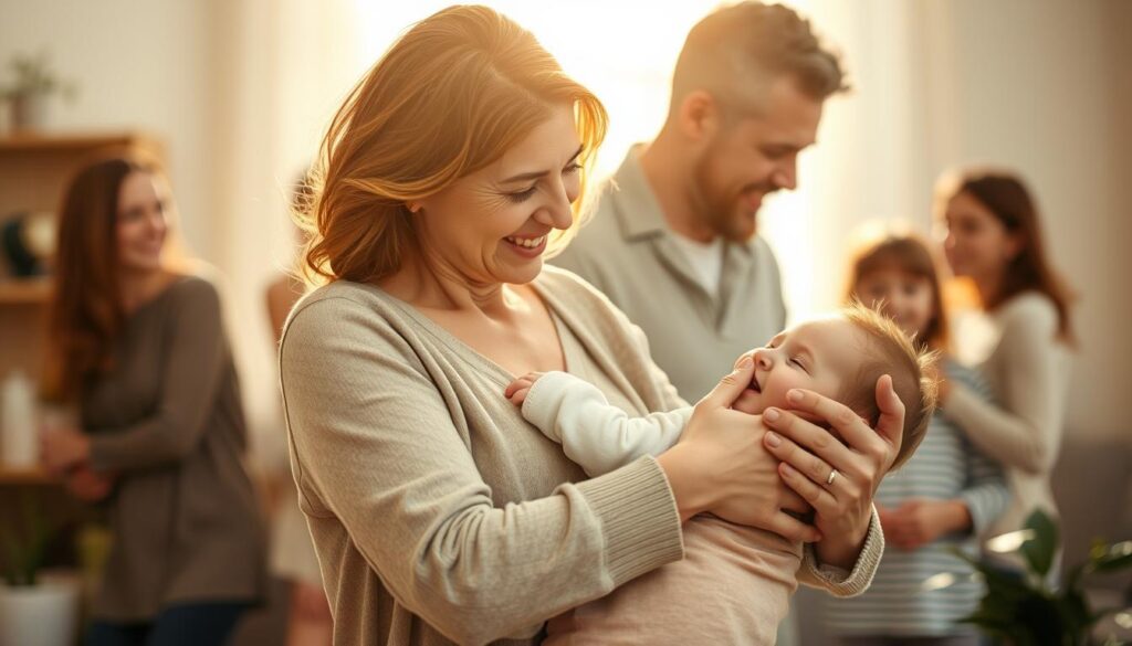 A loving mother embracing her family, her nurturing presence radiating warmth and security. In the foreground, she tenderly holds a child, their bond palpable. Behind them, the father and other children gather, creating a harmonious domestic scene bathed in soft, golden light. The background is gently blurred, focusing attention on the central figures and the profound role of the mother as the heart and foundation of the household. Subtle hints of plants or decor suggest a cozy, welcoming home environment. The overall mood is one of comfort, affection, and the irreplaceable significance of a mother's love within the family dynamic.