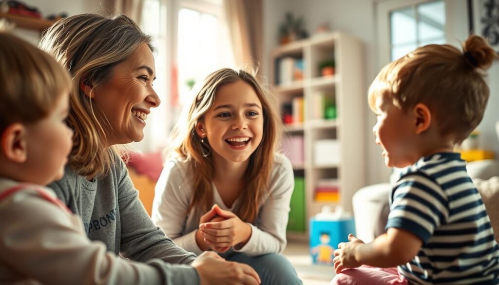 A loving mother gazing at her children with a warm, radiant smile, her eyes twinkling with genuine amusement. The scene is bathed in soft, natural lighting, creating a cozy, intimate atmosphere. In the foreground, the mother and her kids are engaged in a playful, lighthearted interaction, their expressions and body language conveying a sense of genuine joy and connection. The middle ground features a cozy, well-appointed home environment, with colorful toys and books scattered around, hinting at the nurturing and stimulating nature of the household. The background remains slightly blurred, keeping the focus on the central figures and their heartwarming exchange. The overall mood is one of contentment, humor, and the deep, abiding love that characterizes the special bond between a mother and her children.