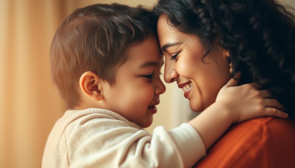 A loving mother tenderly embracing her child, their foreheads gently touching as she whispers words of encouragement and unconditional love. The soft, warm lighting casts a serene glow upon their embracing figures, set against a blurred, dreamy background that hints at the emotional bond between them. The mother's expression is one of pure adoration, her eyes shining with pride and her lips curved in a gentle smile as she imparts her heartfelt message to her child. The scene evokes a sense of profound intimacy, a profound and timeless connection between a parent and their beloved offspring.