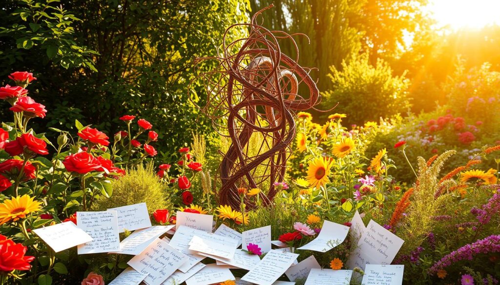 A lush and verdant garden, bathed in warm, golden sunlight. At the center, a whimsical sculpture made of intricate, intertwined branches and vines, its organic forms evoking a sense of natural artistry and creativity. Surrounding the sculpture, vibrant blooms in a rainbow of colors - crimson roses, sunny sunflowers, delicate wildflowers - all bursting with life and representing the many facets of "kreative Wertschätzung". In the foreground, a scattering of handwritten notes and heartfelt messages, each a unique expression of appreciation and care. The overall scene radiates a sense of joy, celebration, and the beauty that arises when we thoughtfully honor and cherish one another.