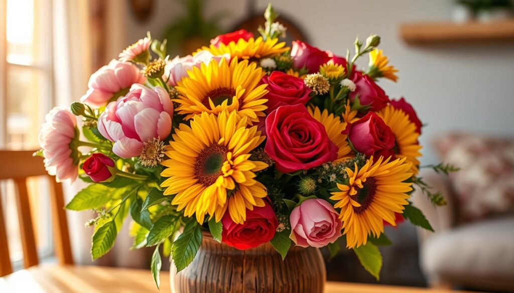 A lush bouquet of vibrant, hand-picked flowers in a rustic, wooden vase, bathed in warm, golden sunlight. The arrangement features a mix of classic Mother's Day blooms such as delicate pink peonies, cheerful yellow sunflowers, and velvety red roses interspersed with greenery. The scene is set against a soft, blurred background of a cozy, country-style interior, hinting at a peaceful, homely atmosphere. The composition evokes a sense of care, gratitude, and love, perfectly capturing the essence of celebrating mothers on this special day.