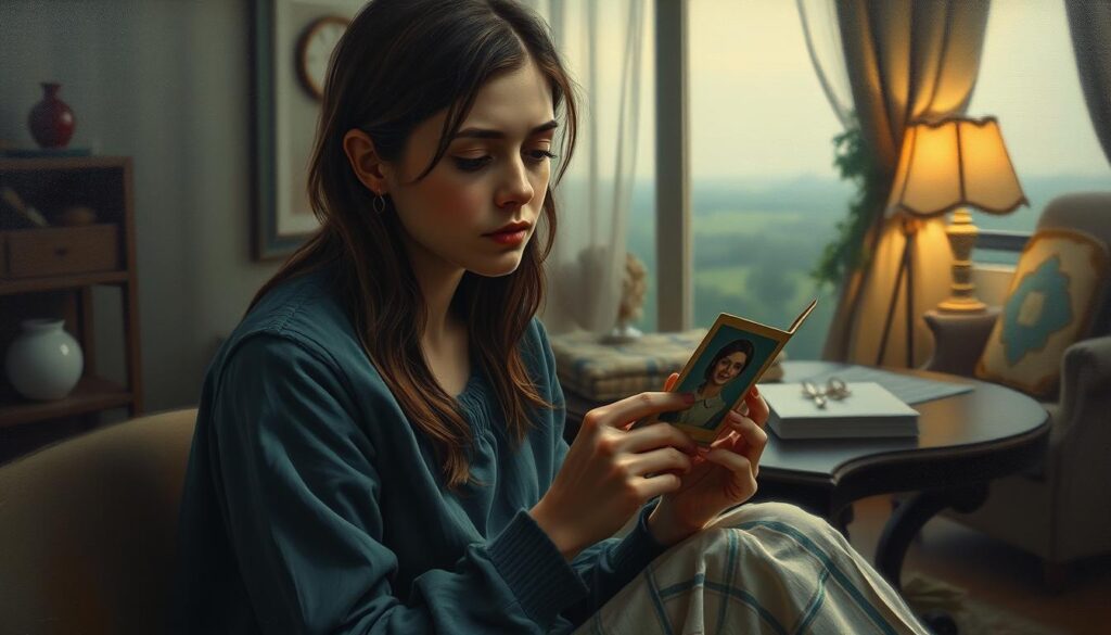 A melancholic oil painting depicting the tender memory of a deceased mother. In the foreground, a young woman sits alone, gazing pensively at an old photograph cradled in her hands. Her expression is wistful, with a hint of sorrow in her eyes. The middle ground features a cozy, dimly lit interior, with soft lighting casting a warm, nostalgic glow. In the background, a hazy, dreamlike landscape emerges, evoking the transient nature of life. The overall composition conveys a sense of quiet contemplation and the bittersweet longing for a lost loved one.