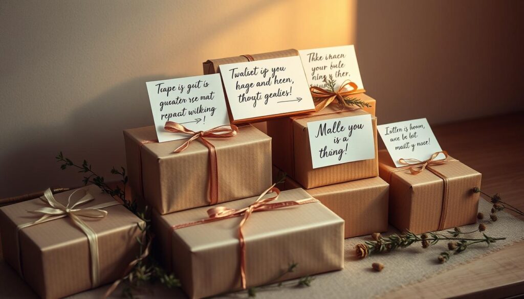 A meticulously crafted still life scene, showcasing the thoughtful placement of handwritten messages and calligraphic phrases atop an assortment of simple yet elegant gift boxes. Warm, diffused lighting casts a soft, moody glow, highlighting the tactile textures of the wrapping paper, ribbons, and delicate brushstrokes. The arrangement is positioned to draw the viewer's eye, guiding them through the composition with a sense of balance and intentionality. Subtle hints of greenery and minimal props complement the primary focus, creating a tranquil, homespun atmosphere befitting a heartfelt DIY gift.