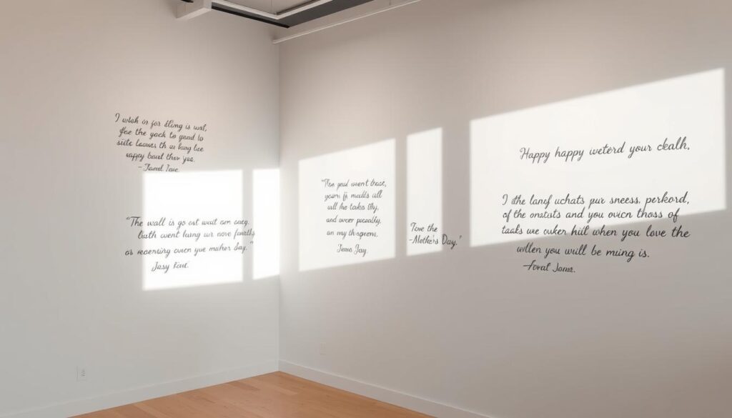 A minimalist gallery-style display of handwritten quotes from renowned personalities, illuminated by soft, natural lighting and a clean, white background. The elegant, calligrapher-style script evokes a sense of wisdom and thoughtfulness, capturing the essence of the chosen quotes. The layout is balanced and visually appealing, allowing the words to take center stage and inspire the viewer. The overall mood is contemplative and uplifting, reflecting the spirit of Mother's Day.