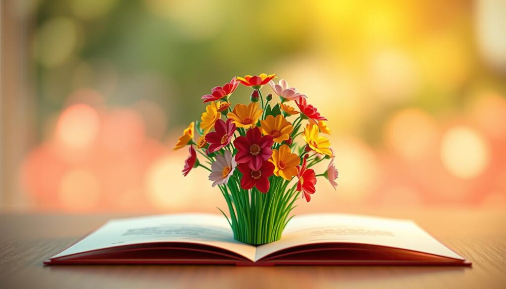 A modern and delightful pop-up card, featuring a vibrant bouquet of colorful flowers bursting forth from the center. The foreground depicts the intricate, three-dimensional floral arrangement, rendered with exceptional detail and depth. The middle ground showcases a serene, soft-focus background, evoking a sense of tranquility and elegance. Warm, natural lighting casts a gentle glow, highlighting the vibrant hues and delicate petals. Captured through a wide-angle lens, the composition creates a sense of depth and immersion, inviting the viewer to explore the card's captivating design. This visually striking pop-up card perfectly captures the spirit of a heartfelt Mother's Day celebration, offering a unique and delightful surprise for any recipient.