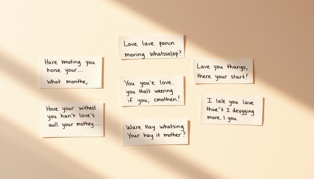 A modern and minimalist composition featuring a selection of handwritten, heartfelt WhatsApp messages on a soft, pastel-toned background. The messages convey messages of love, appreciation, and gratitude for a mother, with a natural, organic feel. The layout is clean and uncluttered, allowing the typography and serene atmosphere to take center stage. Warm, diffused lighting from the side casts subtle shadows, creating depth and a sense of intimacy. The overall mood is one of tenderness, sincerity, and the profound connection between a mother and child.