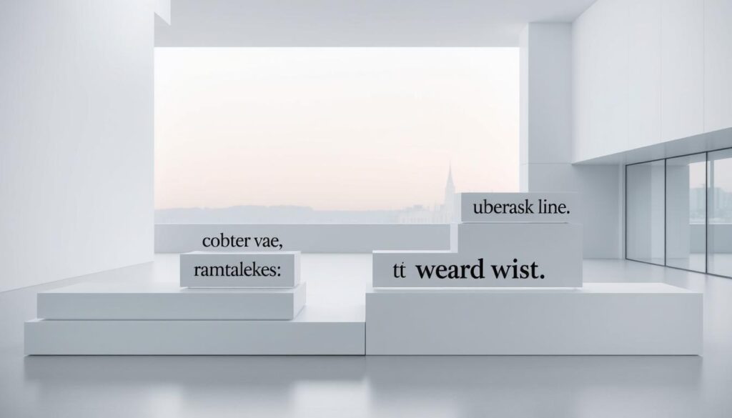A modern minimalist composition showcasing a thoughtfully curated collection of contemporary typographic expressions, rendered in a crisp, neutral color palette against a clean, architectural backdrop. The foreground features a series of playful, inspirational phrases elegantly displayed on sleek, floating blocks or panels, arranged in a dynamic, asymmetrical layout. The middle ground suggests a modern, minimalist interior space with clean lines and muted tones, allowing the text-based elements to take center stage. The background subtly hints at a serene, urban setting with soft, diffused lighting, creating a sense of tranquility and sophistication. The overall mood is one of understated elegance, reflecting the refined, modern sensibilities of the "Moderne Ansätze zur Wortwahl" section.