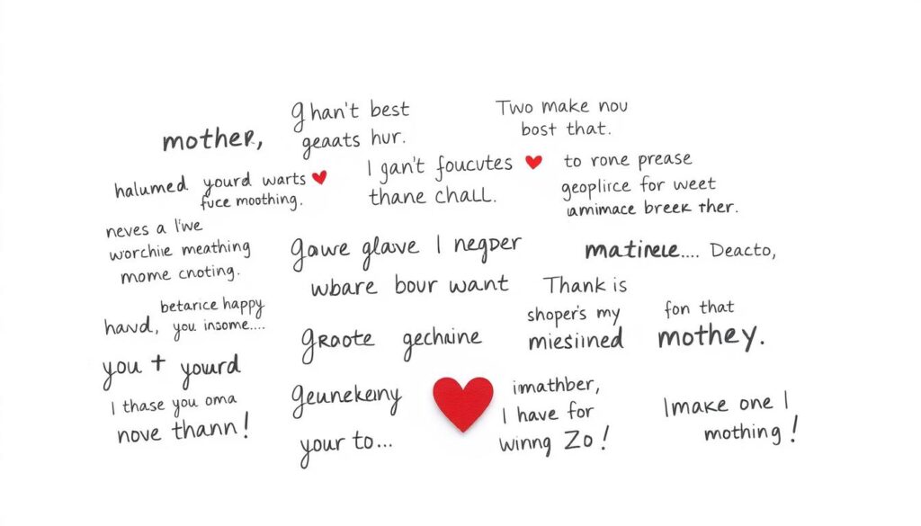 A modern, minimalist-style illustration depicting a collection of heartfelt, handwritten-style messages on a clean, white background. The messages should convey a sense of gratitude, appreciation, and admiration for mothers, capturing the sentiment of the "Generation Z" demographic. The text should appear organically placed, with a natural, organic flow. The overall mood should be warm, genuine, and reflective of the youthful, modern aesthetic. The composition should be balanced, with ample negative space to allow the messages to shine. Subtle, soft lighting from above casts gentle shadows, adding depth and dimensionality to the scene.