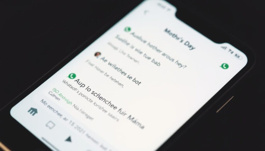 A modern smartphone screen displaying a collection of humorous, heartfelt WhatsApp messages for Mother's Day. The messages are presented in a beautifully designed, minimalist interface with a soft, pastel color palette. The screen is subtly angled, with gentle shadows and reflections creating a sense of depth and tactility. The overall mood is warm, playful, and celebratory, capturing the unique bond between a mother and child. The design seamlessly blends technology and emotion, reflecting the sentimental yet practical nature of these "WhatsApp Sprüche für Mama".