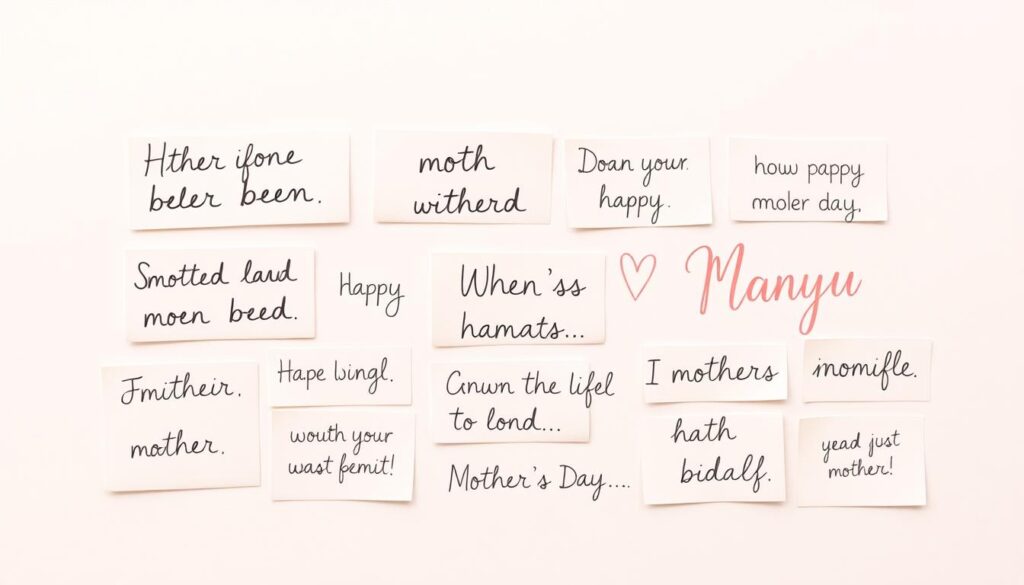 A neatly arranged collection of handwritten-style short Mother's Day phrases, rendered in a warm, pastel color palette against a soft, blurred background. The phrases are laid out in an organic, asymmetric composition, with some overlapping and staggered to create visual interest. The overall mood is serene, intimate, and celebrates the simplicity and heartfelt sentiment of these brief, meaningful messages. Soft, diffused lighting illuminates the delicate, calligraphic text, emphasizing the personal, handcrafted quality. The scene evokes a sense of care, appreciation, and the genuine, personal connection between mothers and their loved ones.