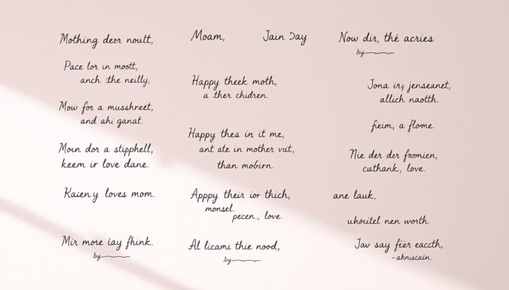 A neatly arranged collection of short, heartfelt Mother's Day messages handwritten in a variety of calligraphic styles against a soft, pastel-colored background. The messages evoke warmth, appreciation, and the unconditional love between mothers and their children. The composition showcases the messages in a visually appealing manner, allowing the simplicity and sincerity of the sentiments to shine. Subtle textures and gentle lighting create a serene, contemplative atmosphere, perfectly capturing the essence of the "Kurz und bündig: Muttertagssprüche in wenigen Worten" section.