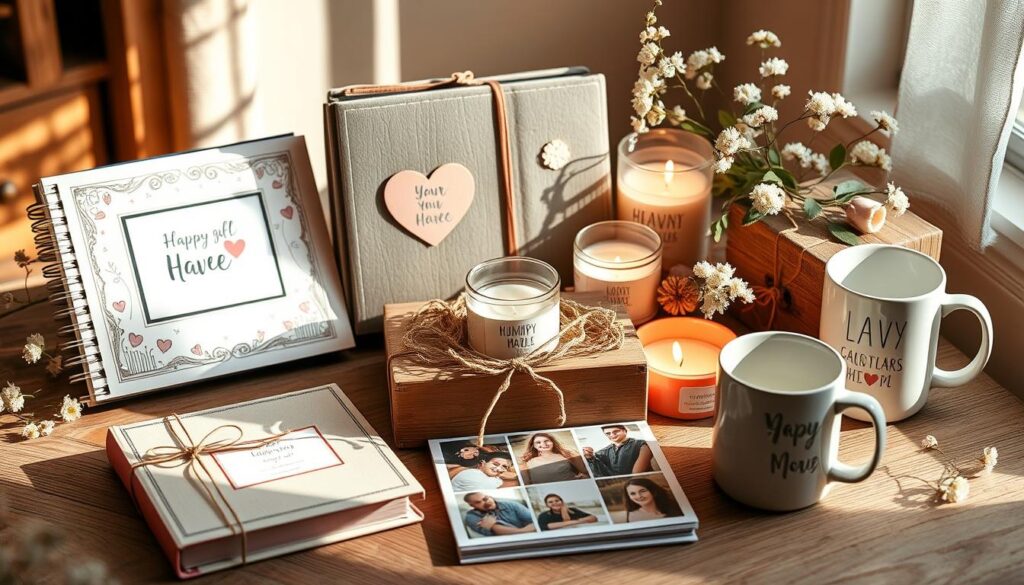 A neatly arranged display of thoughtful, personalized gifts - a heartfelt scrapbook, a handcrafted candle, a sentimental photo album, and a personalized mug. The scene is bathed in warm, natural lighting that accentuates the rustic, homemade aesthetic. The gifts are placed on a wooden surface, surrounded by delicate floral accents and a cozy, inviting atmosphere. The overall impression is one of genuine care, attention to detail, and a deep appreciation for the recipient. The image conveys the sentiment of a loving, personal gesture to celebrate a special occasion.