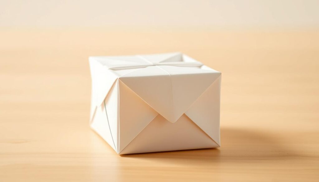 A neatly folded gift box in a soft, warm lighting, with a crisp, clean appearance. The box rests on a simple, minimalist surface, perhaps a wooden table or a neutral-colored background. The focus is on the intricate folds and clean edges of the box, showcasing the precision and care taken in its construction. Subtle shadows and highlights accentuate the three-dimensional form, creating a sense of depth and texture. The overall mood is one of elegance, simplicity, and attention to detail, reflecting the care and thoughtfulness that goes into crafting the perfect gift presentation.