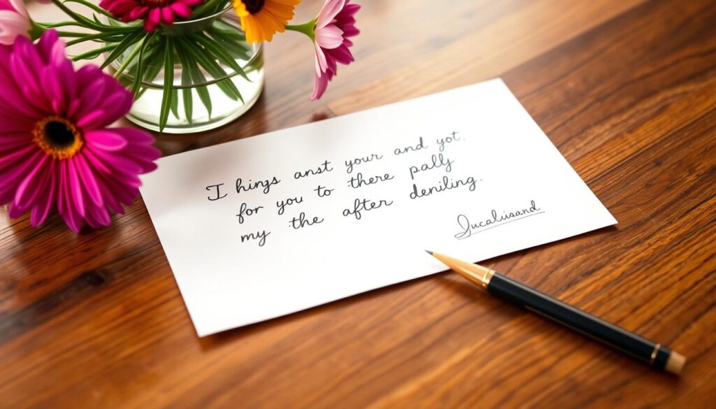A neatly handwritten letter on high-quality paper, with a personalized message in cursive script. The letter is placed on a wooden table, accompanied by a bouquet of fresh, vibrant flowers in a vase. Gentle, warm lighting casts a soft glow, creating an intimate and thoughtful atmosphere. The composition emphasizes the personal, heartfelt nature of the message, conveying the sentiment of a heartfelt note from a loved one. The overall scene suggests a sense of care, attention to detail, and a meaningful personal connection.