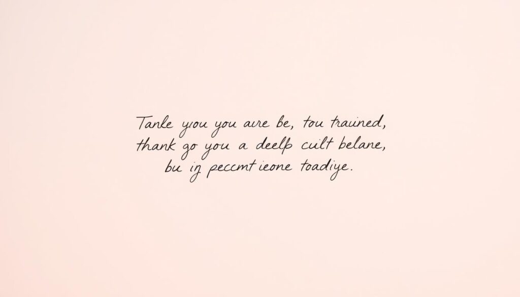 A neatly handwritten, personalized message displayed on an elegant cursive script against a soft, pastel background. The message is centered, with a warm, heartfelt tone that conveys gratitude and appreciation. The lighting is gentle, creating a serene, intimate atmosphere. The composition is balanced, with ample negative space to allow the handwritten text to be the focal point. The overall style is minimal and refined, emphasizing the personal, handcrafted nature of the message.