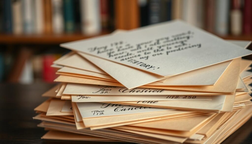 A neatly stacked pile of handwritten letters, their envelopes adorned with elegant cursive addresses. The papers are slightly worn, bearing the marks of time and care. Warm lighting casts a gentle glow, highlighting the texture of the pages and the thoughtful penmanship. In the background, a blurred bookshelf suggests a cozy, intimate study, where quiet moments of reflection and connection unfold. The overall scene evokes a sense of personal, heartfelt communication, a tangible link between the writer and the recipient.