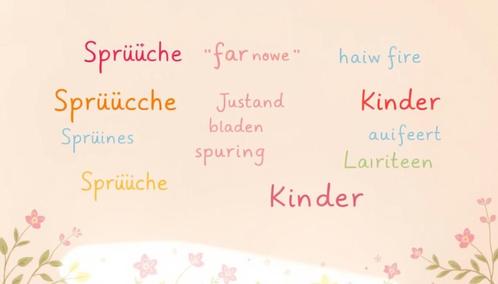 A pastel-colored, hand-drawn illustration depicting a collection of heartfelt, playful "Sprüche für Kinder" (Sayings for Children) in a variety of colorful, child-like fonts. The words float gently against a soft, dreamlike background, conveying a sense of whimsy and tender nurturing. The foreground features delicate floral and leaf motifs, creating a warm, nature-inspired setting. Subtle lighting casts a gentle, diffused glow, evoking a cozy, intimate mood. The overall aesthetic is reminiscent of a cherished children's storybook, perfectly suited to illustrate a section on "The Best Mother's Day Sayings for Children".