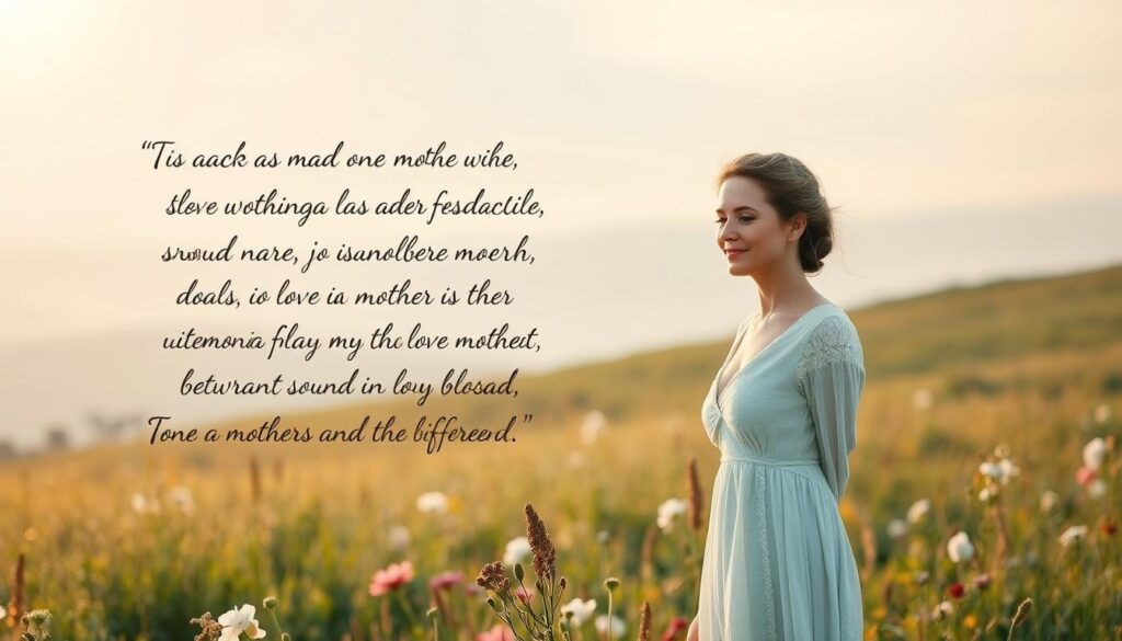A peaceful and serene landscape with a warm, soft light bathing a tranquil meadow. In the foreground, a graceful mother figure stands with an expression of calm contemplation, her face radiant with inner strength and wisdom. Flowers bloom gently around her, adding to the sense of nurturing and natural beauty. The middle ground features a flowing script in an elegant, handwritten style, presenting inspiring quotes that capture the essence of motherhood. The background is a hazy, dreamlike horizon, suggesting a connection to the divine. The overall atmosphere is one of inspiration, reflection, and the profound love between a mother and her children.
