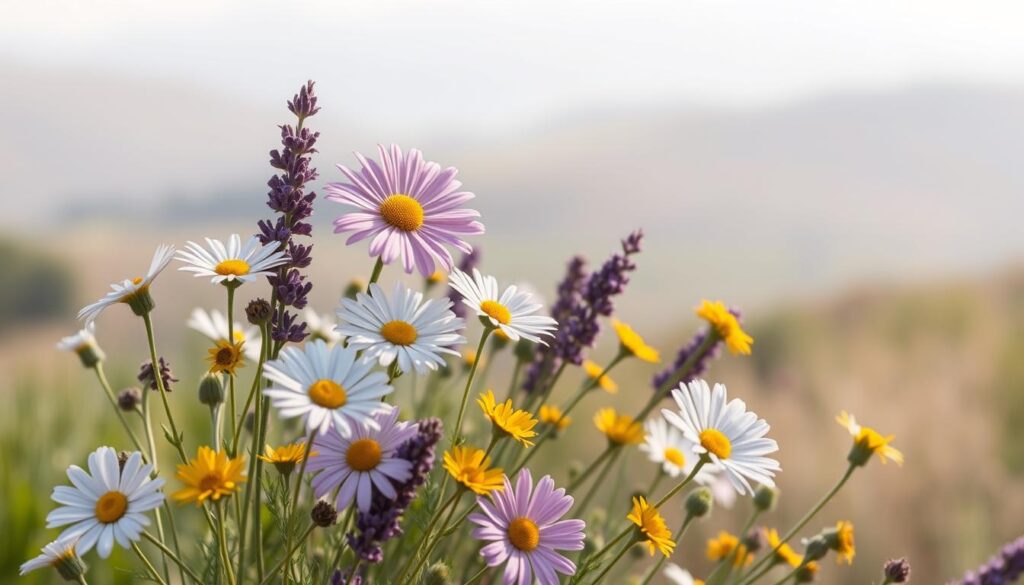 A peaceful garden setting with soft, natural lighting illuminating a bouquet of delicate wildflowers, including pink and white daisies, purple lavender, and golden buttercups. The flowers are gently swaying in a gentle breeze, creating a tranquil, serene atmosphere. The background features a muted, blurred landscape with rolling hills and a hazy sky, allowing the floral arrangement to be the focal point. The overall mood is one of simple, heartfelt gratitude and appreciation.