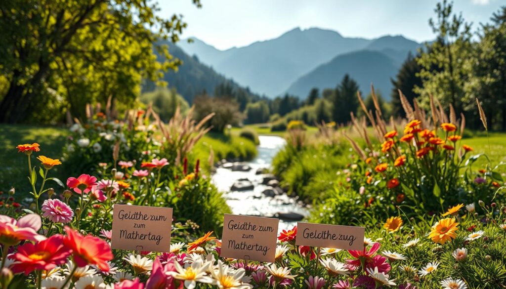 A peaceful, sun-drenched garden setting, with vibrant flowers in the foreground and a tranquil, flowing stream in the middle ground. In the background, a majestic mountain range frames the scene. Delicate, handwritten "Gedichte zum Muttertag" poems are scattered across the floral-patterned ground, evoking a sense of warmth and maternal celebration. The lighting is soft and diffused, creating a serene and contemplative atmosphere. The composition is balanced and harmonious, inviting the viewer to appreciate the beauty and sentiment of this special day.