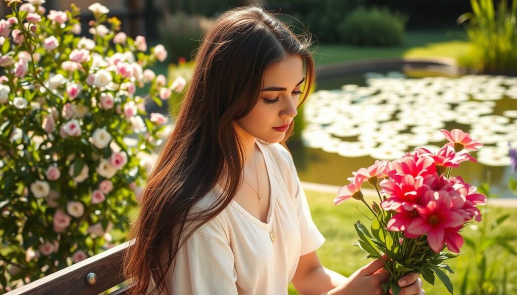 A peaceful, sunlit garden setting with a warm and serene atmosphere. In the foreground, a young woman sits on a bench, gazing thoughtfully at a bouquet of vibrant flowers. Her expression is one of quiet contemplation, reflecting the loving, heartfelt sentiments that a daughter might express to her mother. The middle ground features a lush, flowering shrub, its blossoms softly swaying in a gentle breeze. In the background, a tranquil pond reflects the surrounding greenery, creating a sense of harmony and natural beauty. The overall composition conveys the deep, emotional connection between a mother and daughter, expressed through the tranquil, introspective mood.