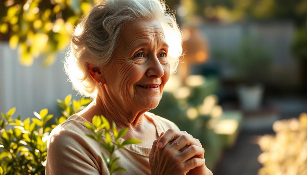 A pensive grandmother stands in a sun-dappled garden, her eyes reflecting the emotional memories of a lifetime. Soft, warm lighting envelops her, casting a golden glow that highlights the weathered creases of her face. The lush, verdant foliage in the middle ground provides a sense of tranquility, while the blurred background suggests a peaceful, secluded setting. The grandmother's posture conveys a blend of contemplation and contentment, her hands clasped gently, her expression a bittersweet smile. The overall atmosphere evokes a sense of cherished recollections and the profound impact of a lifetime of love and experiences.
